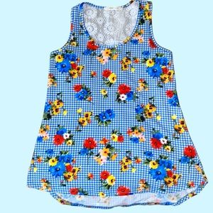 SYNDEY ROSE Blue/White Gingham Floral Tank Top with Lace in Back, Size M.